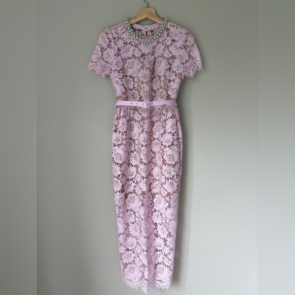 NEW Self-Portrait Fine Lace Pearl Midi Dress in Pink | UK 8 / US 4 - Picture 9 of 16